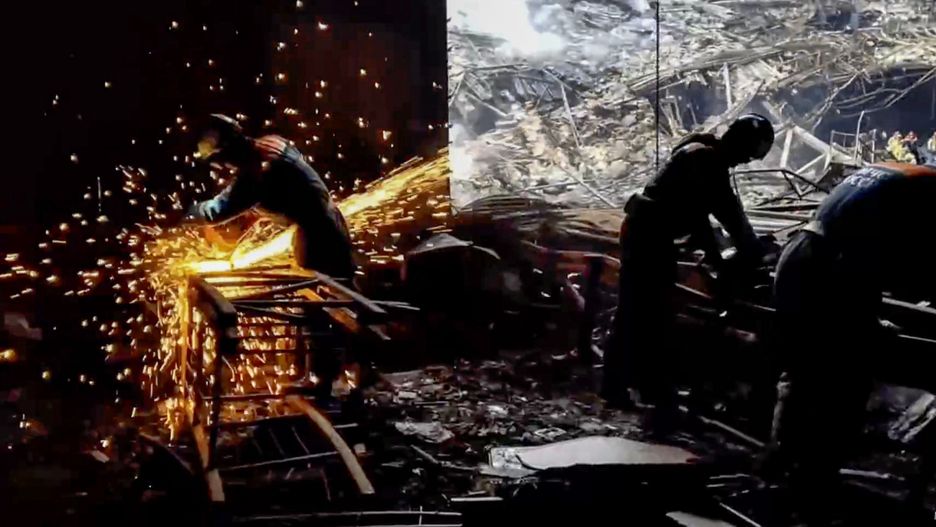 A still image taken from a handout video made available by the Russian Ministry of Emergency Situations shows rescuers clearing the rubble and extinguishing fires in the hall of the Crocus City Hall concert venue following a shooting attack in Krasnogorsk, outside Moscow, Russia, 23 March 2024. On the evening of 22 March, a group of gunmen attacked the Crocus City Hall in the Moscow region, Russian emergency services said. According to the Russian Investigative Committee, at least 133 people were killed and more than 100 were hospitalized. On the morning of 23 March, the director of the Russian FSB, Alexander Bortnikov, reported to the Russian President about the detention of 11 suspects, including all four gunmen directly involved in the terrorist attack. EPA/RUSSIAN EMERGENCIES MINISTRY HANDOUT -- MANDATORY CREDIT -- BEST QUALITY AVAILABLE -- HANDOUT EDITORIAL USE ONLY/NO SALES HANDOUT EDITORIAL USE ONLY/NO SALES Dostawca: PAP/EPA.