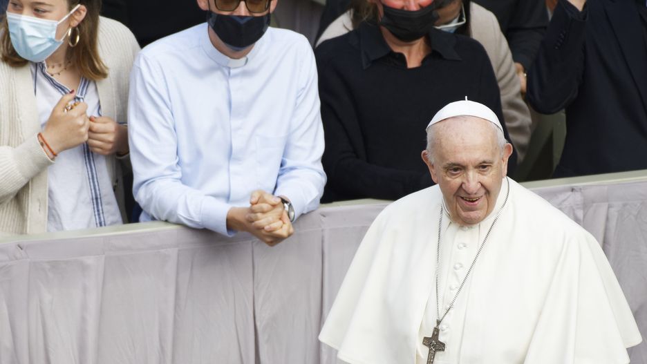 Pope Francis attends in the St. Damaso Courtyard at the Vatican for his weekly general audience, Wednesday, May 12, 2021.  (Photo by Massimo Valicchia/NurPhoto via Getty Images)