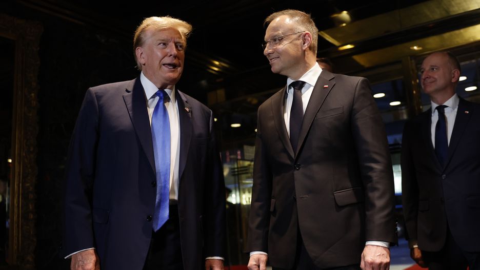 NEW YORK, NEW YORK - APRIL 17: Republican presidential nominee, former President Donald Trump speaks as he meets with Polish President Andrzej Duda at Trump Tower on April 17, 2024 in New York City. Trump met with President Duda, a strong supporter of Ukraine, as European and NATO leaders prepare for the possibility that Trump wins the November presidential election and returns to the White House. The meeting comes on an off day in Trump's criminal trial.  (Photo by Michael M. Santiago/Getty Images)