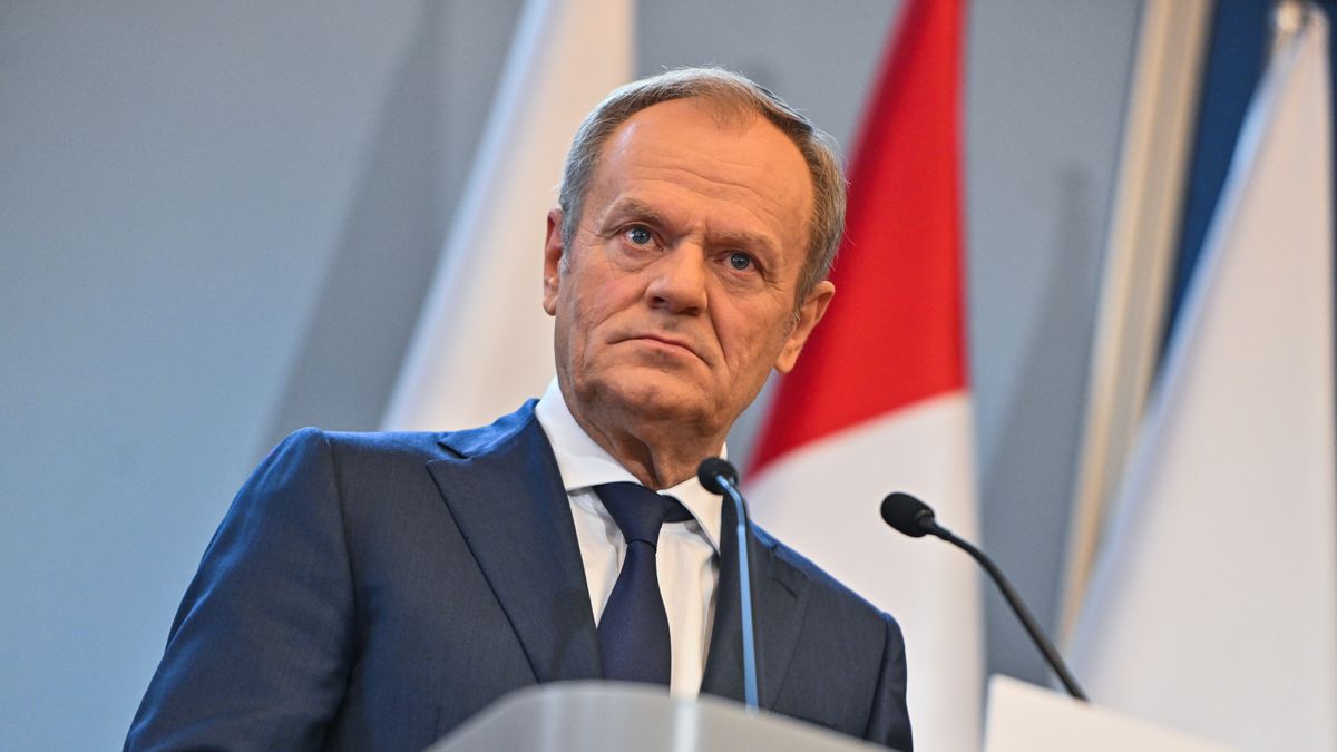 WARSAW, POLAND - FEBRUARY 26: Poland's Prime Minister, Donald Tusk delivers a press statement together with Canada's Prime Minister Justin Trudeau (not seen) after a bilateral meeting at the Prime Minister Chancellery in Warsaw, Poland on February 26, 2024. (Photo by Omar Marques/Anadolu via Getty Images)