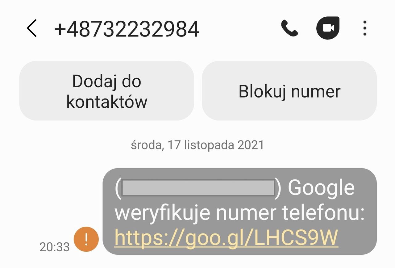 SMS z informacją o weryfikacji konta Google
