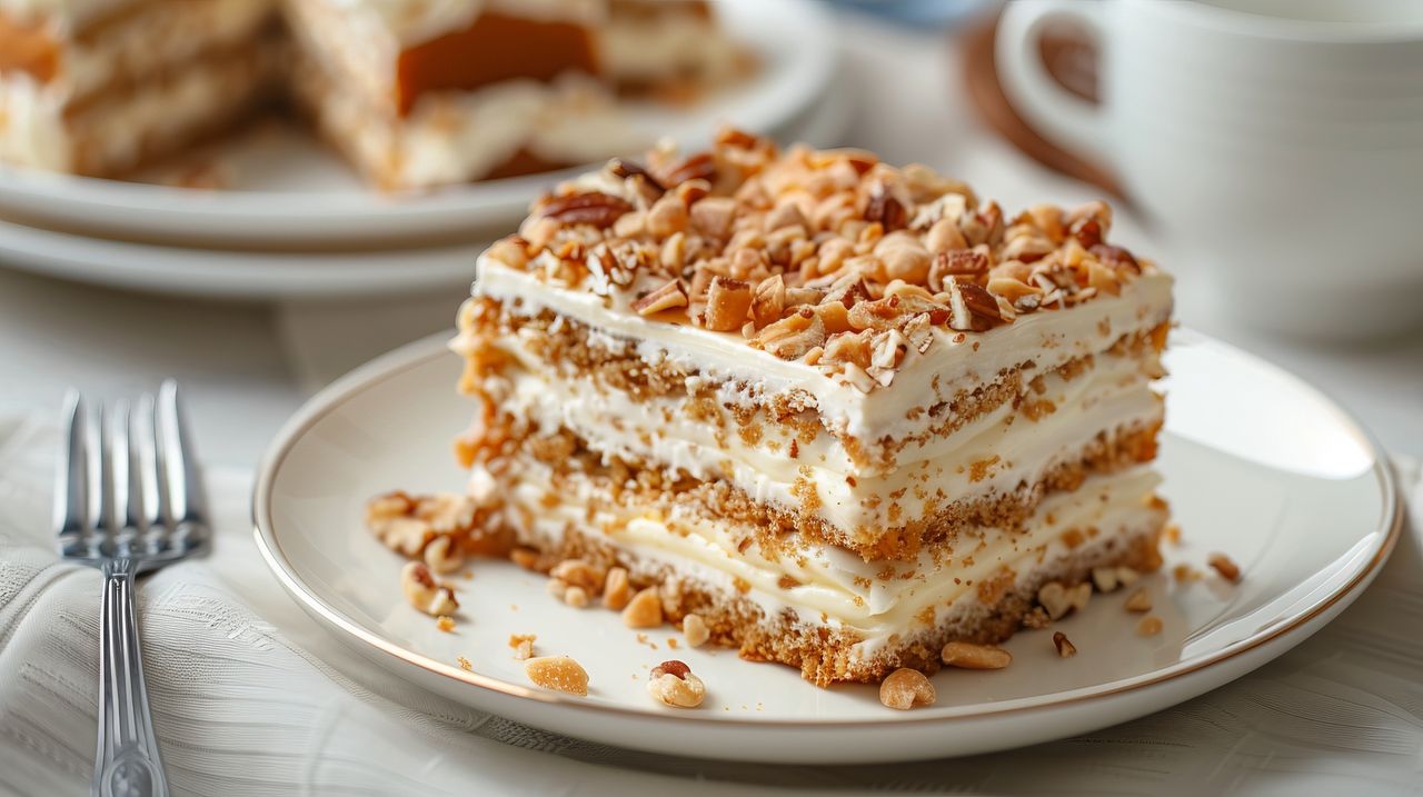 A nutty temptation is a delicious cake with cream.