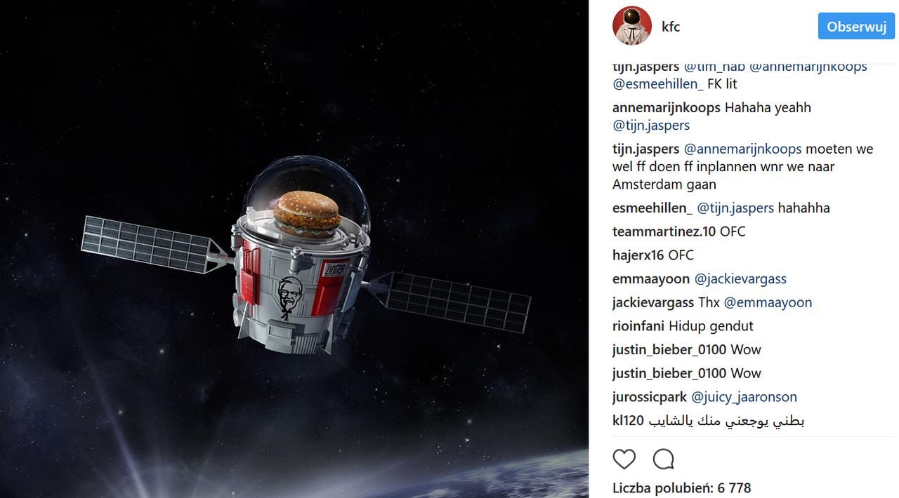 Kosmiczna misja KFC. Wystrzelą swoją najnowszą kanapkę na orbitę 