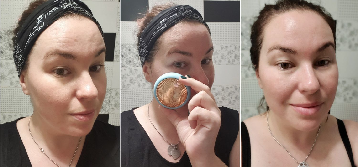 Moja skóra przed zastosowaniem Foreo UFO, w trakcie kuracji i następnego dnia rano. Bez makijażu, bez retuszu. 