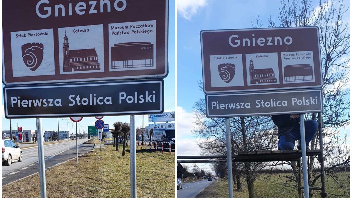 Tabliczki "pierwsza stolica Polski" na wjazdach do Gniezna