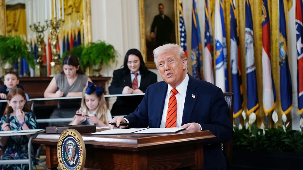 Trump Set To Sign Executive Order To Dismantle Education Department
US President Donald Trump signs an executive order in the East Room of the White House in Washington, DC, US, on Thursday, March 20, 2025. The order directs the secretary of education to take steps to close the department and "return education authority to the States," according to a White House fact sheet on the order. Photographer: Bonnie Cash/UPI/Bloomberg via Getty Images
Bloomberg
2025uspolitics, north american, eo signing, u.s. government, us, united states of america, americas, education dept, u.s. department of education, government news, u.s.a., american