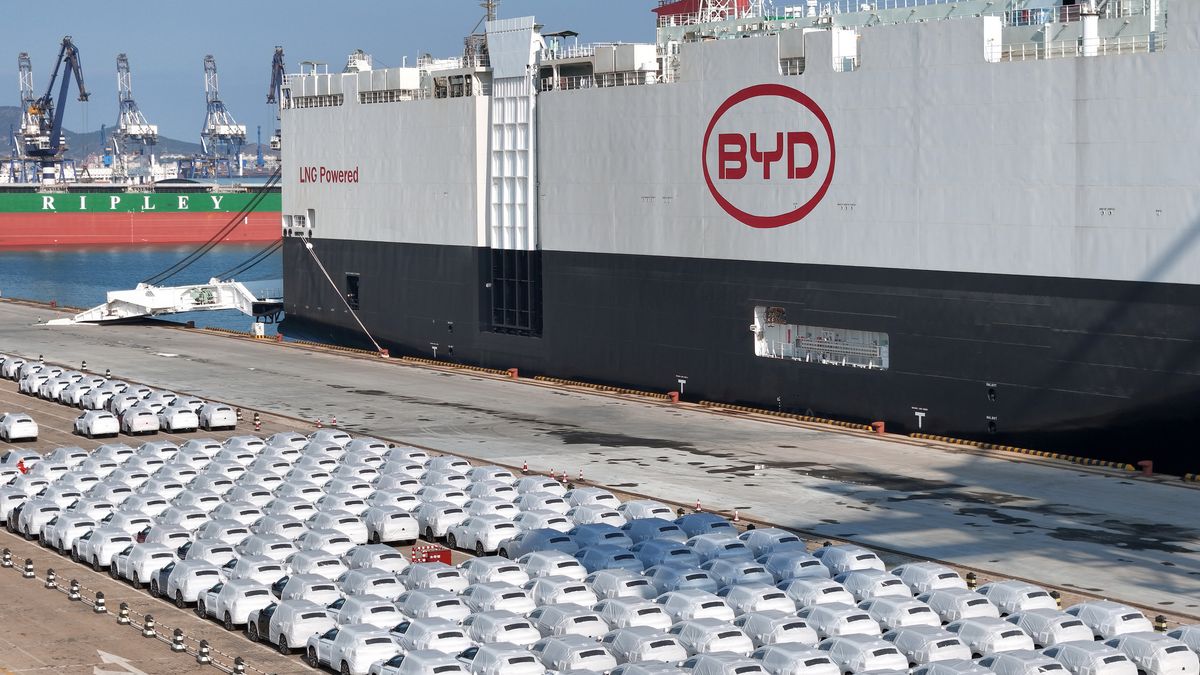 YANTAI, CHINA - JANUARY 10 2024: New BYD cars wait to be loaded onto a newly completed ro-ro ship named BYD Explorer No.1 for her maiden voyage in Yantai in east China's Shandong province. China's BYD has overtaken Tesla as the world's largest maker of pure-electric vehicles. (Photo credit should read TANG KE / Feature China/Future Publishing via Getty Images)