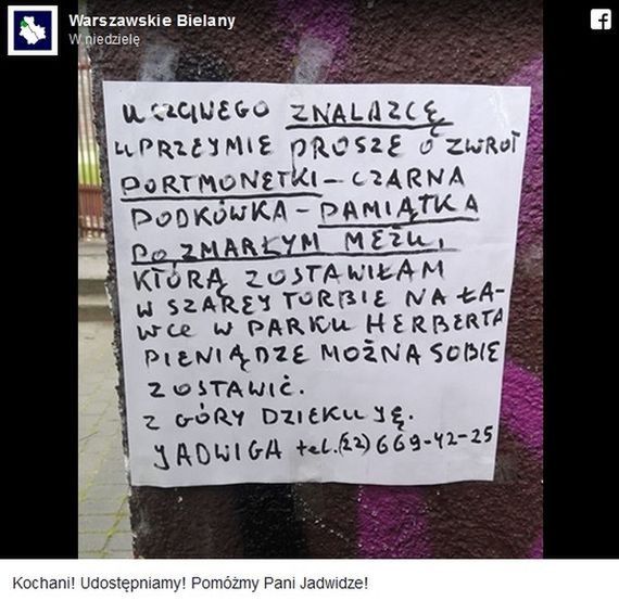 Pani Jadwiga zgubiła "czarną podkówkę". "Pieniądze można sobie zostawić"