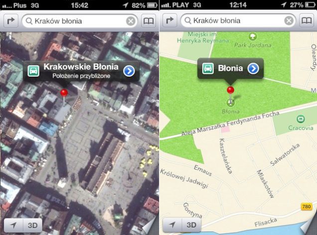 Krakowskie Błonia w Mapach Apple'a - przed i po aktualizacji