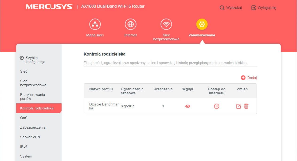 Mercusys MR70X - kontrola rodzicielska dodawanie profili