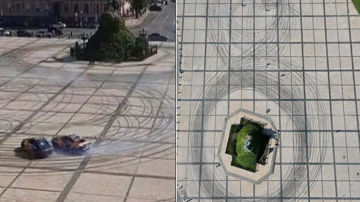 Drift samochodów w historycznym centrum miasta 