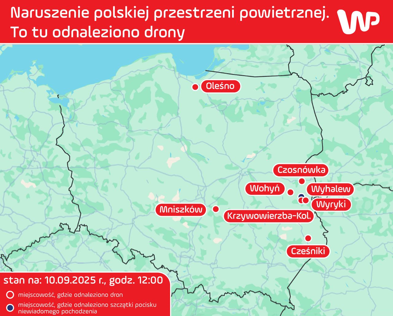 Miejsca upadku dronów i szczątków pocisku
