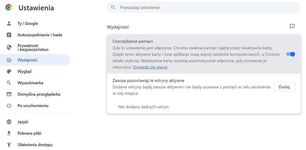 Opcja oszczędzania pamięci w ustawieniach Chrome'a