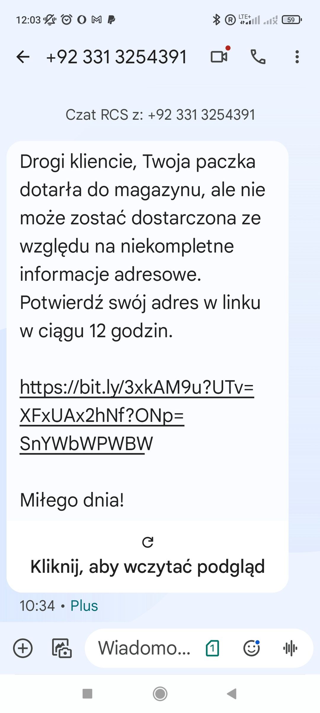 Fałszywa wiadomość z numeru +92