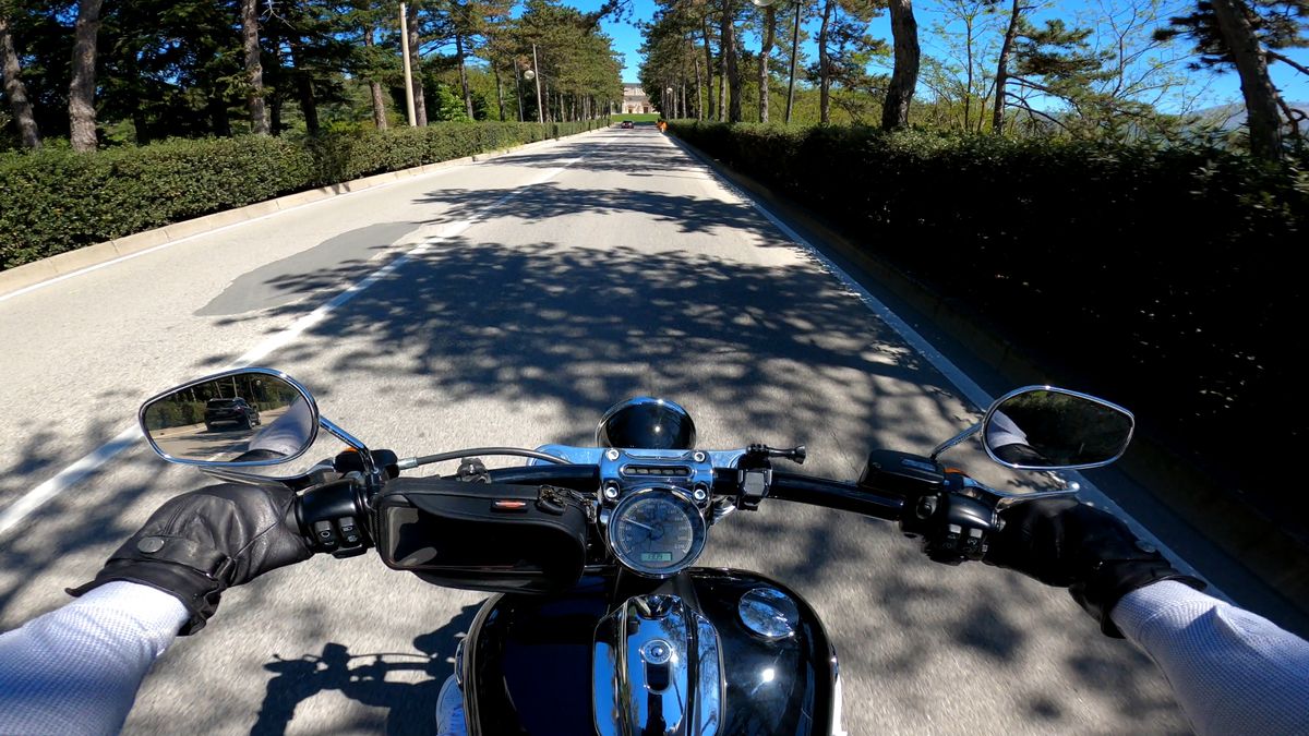A man drives an Harley Davidson Breakout (FXSB) in L'Aquila, Italy, on May 7, 2020. (Photo by Manuel Romano/NurPhoto via Getty Images)