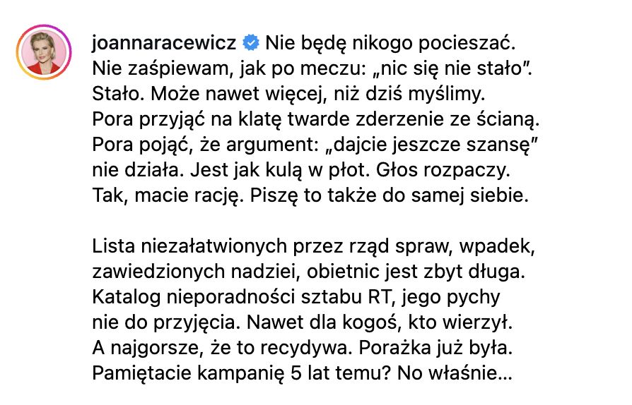 Mocny wpis Joanny Racewicz o wynikach wyborów