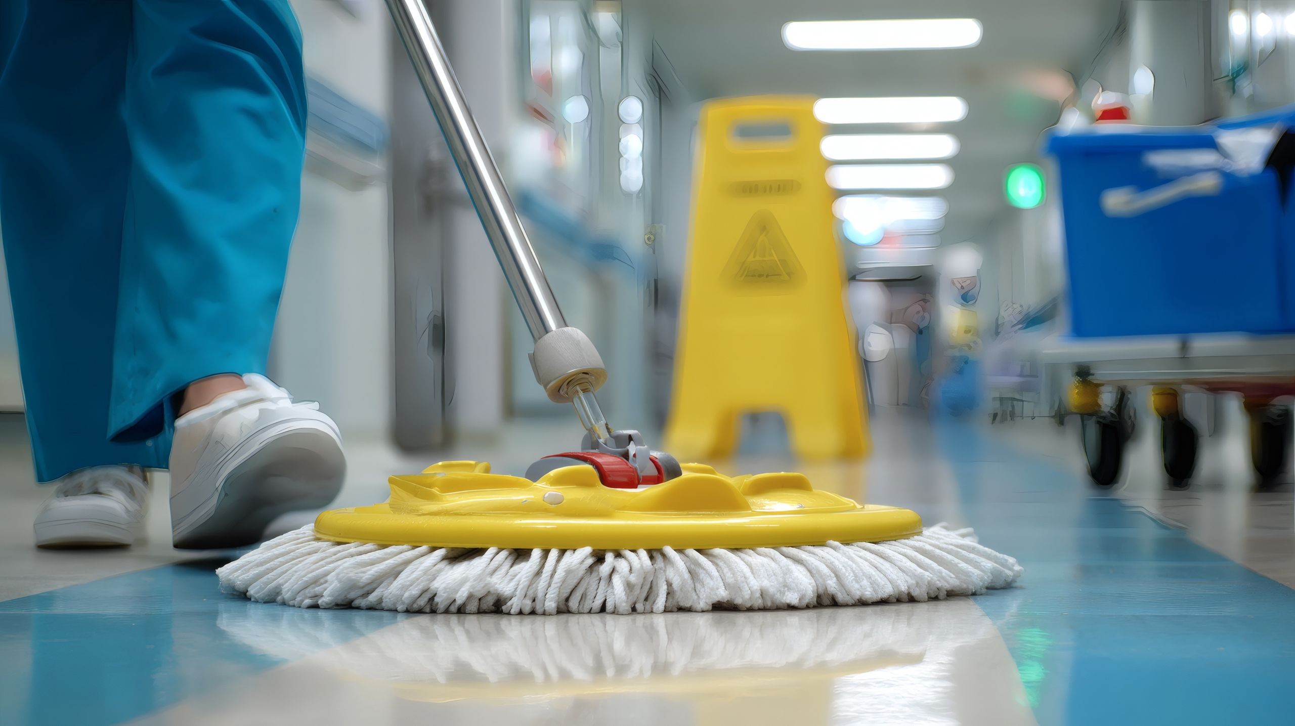 Cleaning crew mops a shiny corridor floor with a yellow mop. A caution sign is placed for slippery floors and safety in the hallway.
Cleaning crew mops a shiny corridor floor with a yellow mop. A caution sign is placed for slippery floors and safety in the hallway.
cleaning, floor, mop, hospital, corridor, hallway, worker, janitor, maintenance, safety, sign, caution, wet, slippery, blue, trousers, shoes, white, yellow, equipment, stainless, steel, reflection, tile, duty, service, professional, housekeeping, healthcare, medical, indoor, facility, public, space, cleanliness, hygiene, prevention, accident, scrubbing, disinfection, cleaning, floor, mop, hospital, corridor, hallway, worker, janitor, maintenance, safety, sign, caution, wet, slippery, blue, trousers, shoes, white, yellow, equipment, stainless, steel, reflection, tile, duty, service, professional, housekeeping, healthcare, medical, indoor, facility, public, space, cleanliness, hygiene, prevention, accident, scrubbing, disinfection