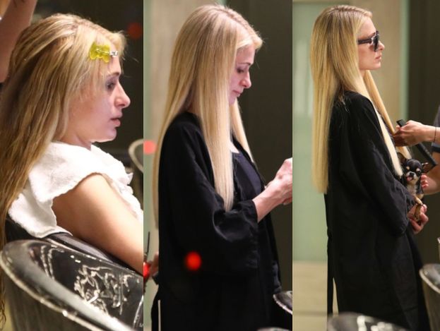 Nieumalowana Paris Hilton wstrzymuje łzy podczas wizyty u fryzjera (FOTO)
