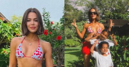 ODMIENIONA Khloe Kardashian prezentuje wyrzeźbione ciało w bikini, pozując z dziećmi