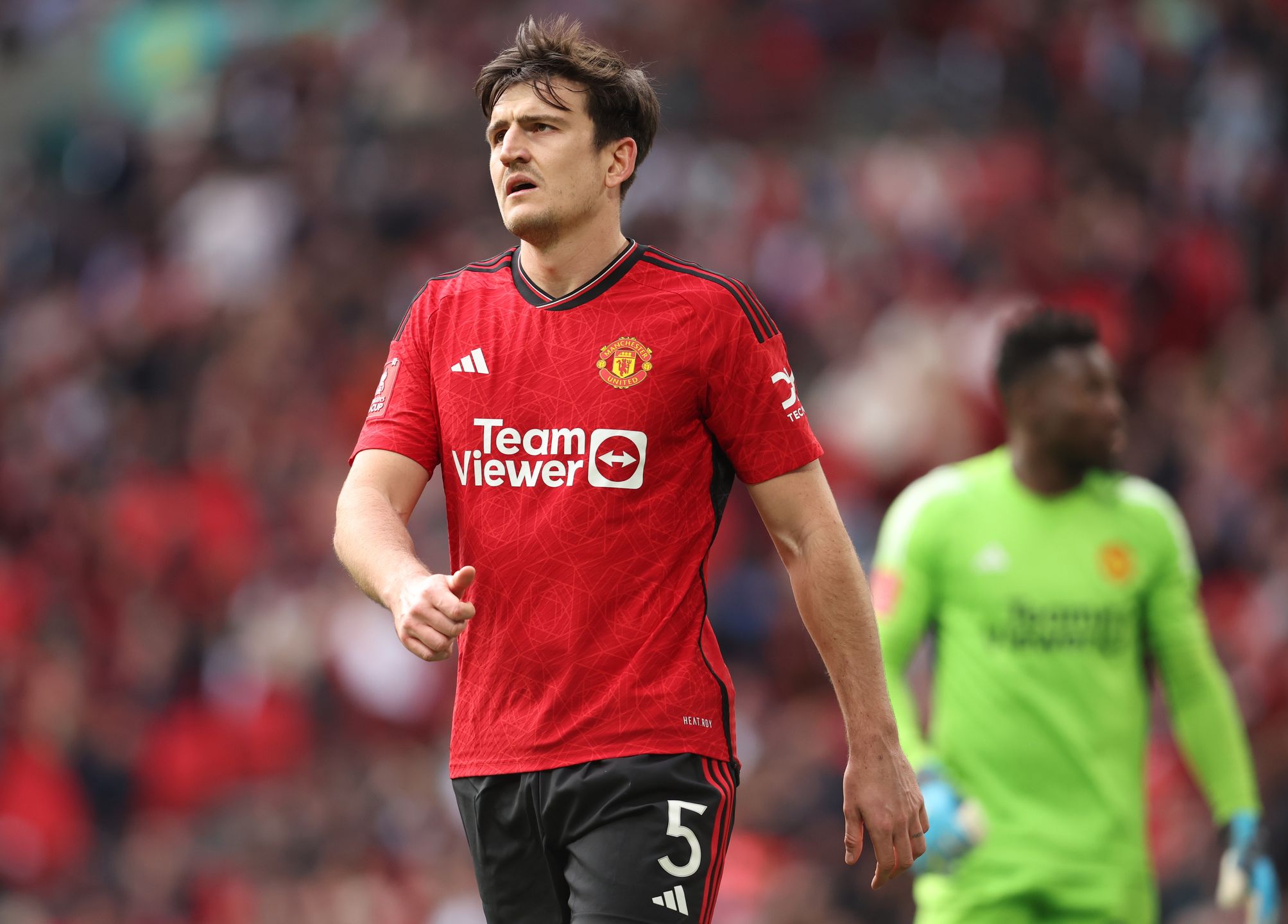 LONDON, ENGLAND - APRIL 21: Harry Maguire of Manchester United in action during the Emirates FA Cup Semi Final match between Coventry City and Manchester United at Wembley Stadium on April 21, 2024 in London. (Photo by Ed Sykes/Sportsphoto/Allstar via Getty Images)