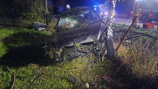 Wypadek w Karłowie. Samochód wbił się w ogrodzenie sadu, kierowca trafił do szpitala!