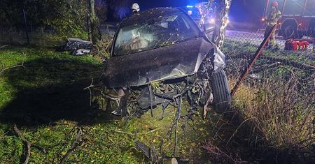 Wypadek w Karłowie. Samochód wbił się w ogrodzenie sadu, kierowca trafił do szpitala!