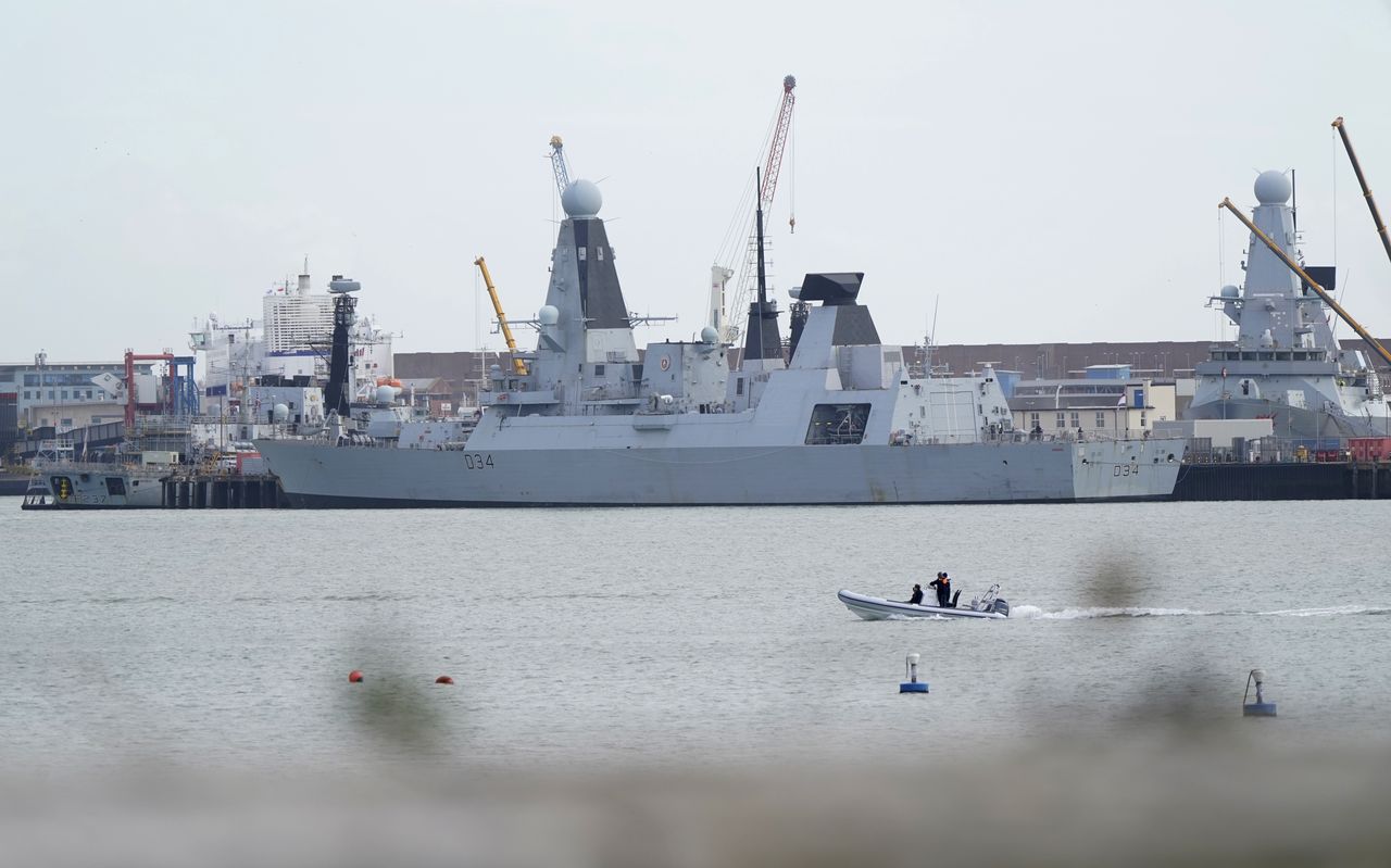 The Royal Navy Type 45 destroyer HMS Diamond at Portsmouth Naval Base. The Royal Navy destroyer which has been tasked to deploy to the Mediterranean amid growing tensions with Russia has been delayed again, almost a week after it was initially scheduled to depart the UK. Picture date: Wednesday February 23, 2022. (Photo by Andrew Matthews/PA Images via Getty Images)