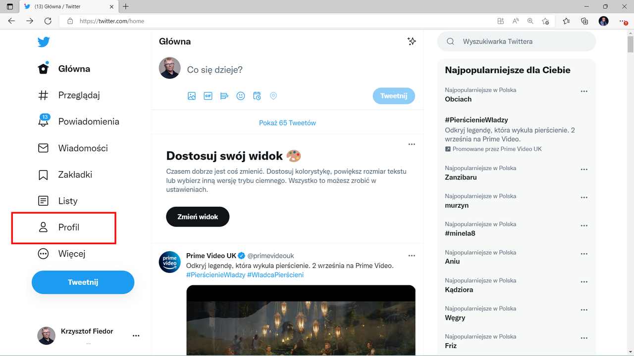Twitter: udajemy się do ustawień Profilu