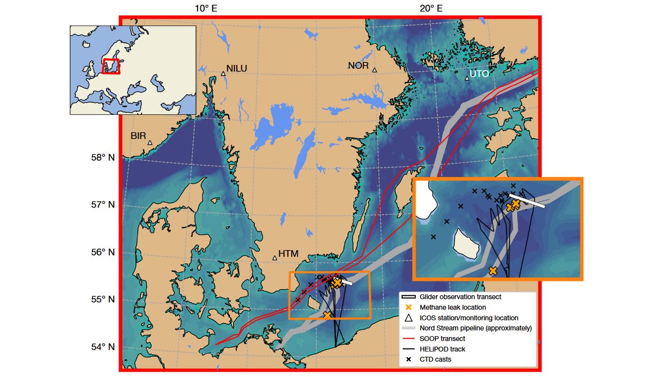 The location of gas leaks from Nord Stream in the Baltic Sea. The first rupture occurred southeast of Bornholm on NS2A (54° 52.6′ N, 15° 24.6′ E) on the 28th. The remaining three ruptures occurred northeast of Bornholm. Methane spread over large areas of the southern Baltic, from the coasts of Denmark to the Gulf of Gdańsk. Source: Nature