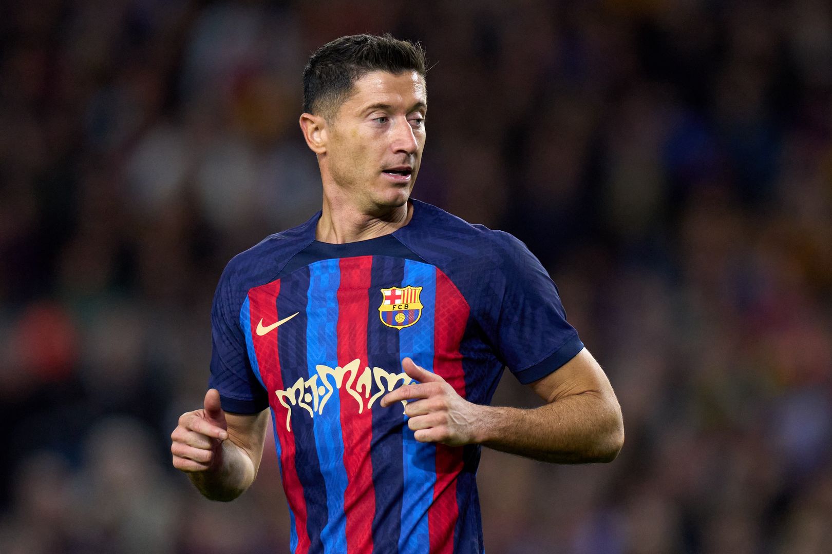 BARCELONA, SPAIN - MARCH 19: Robert Lewandowski of FC Barcelona looks on during the LaLiga Santander match between FC Barcelona and Real Madrid CF at Spotify Camp Nou on March 19, 2023 in Barcelona, Spain. (Photo by Angel Martinez/Getty Images)
