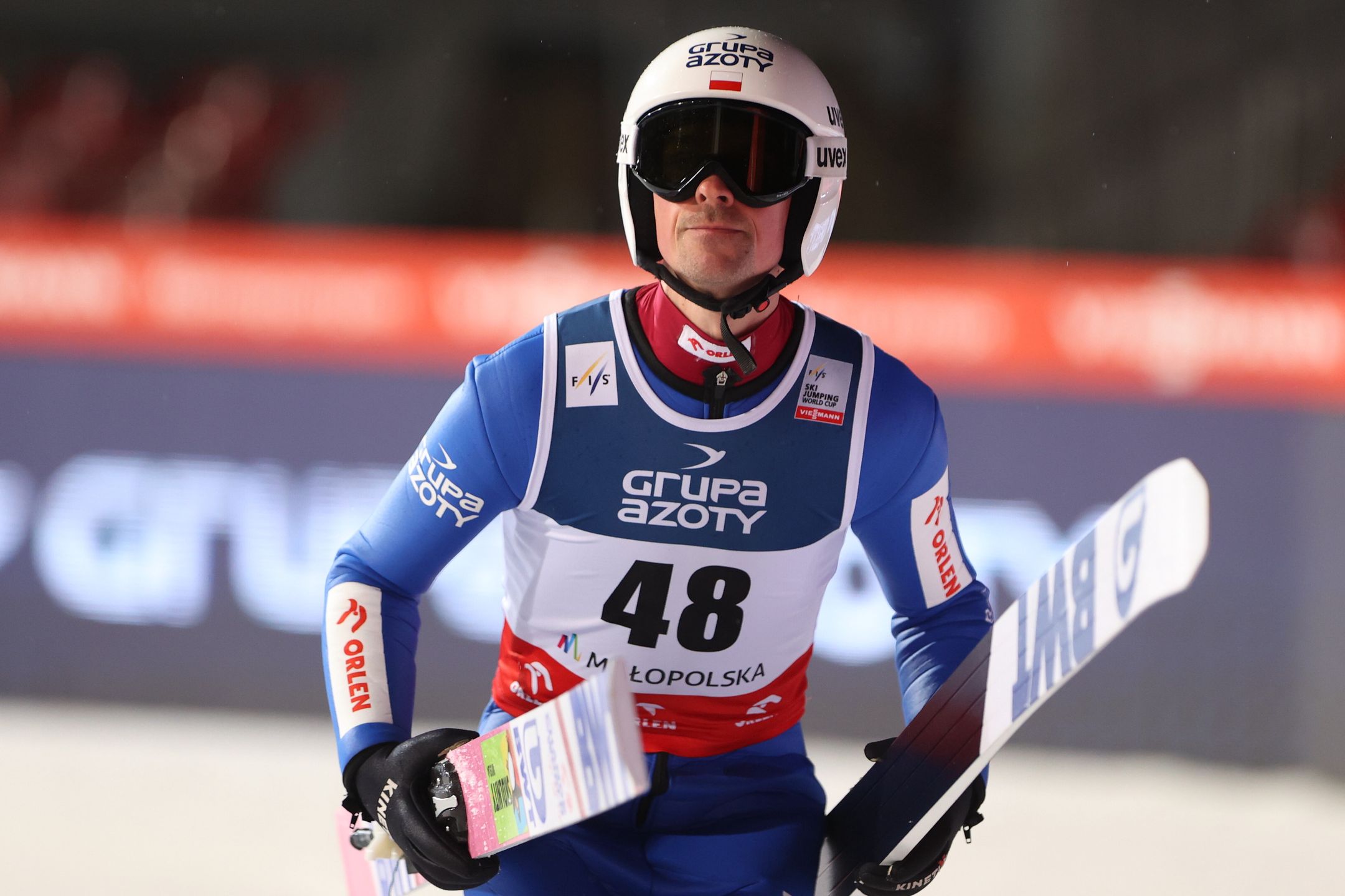 Zakopane, 13.01.2023. Polak Piotr Żyła podczas serii kwalifikacyjnej przed zawodami Pucharu Świata w skokach narciarskich w Zakopanem, 13 bm. (js) PAP/Grzegorz Momot