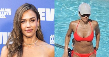 Jessica Alba w czerwonym bikini PLUSKA SIĘ w basenie
