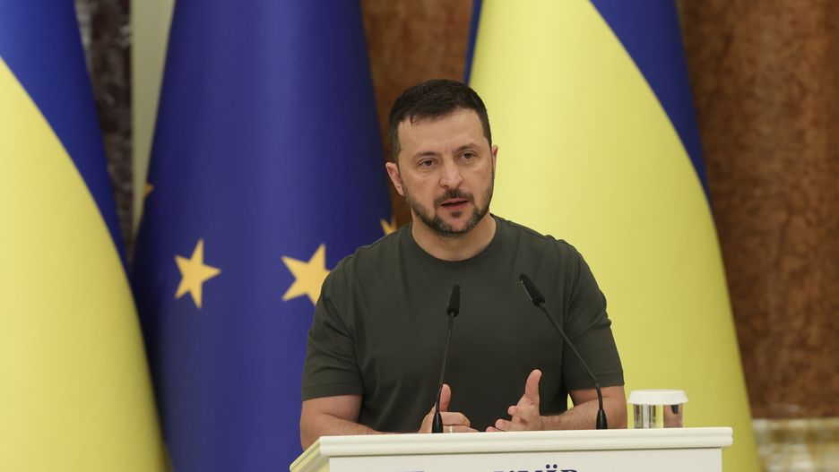 KYIV, UKRAINE - SEPTEMBER 20: President of Ukraine Volodymyr Zelenskyy talks during a joint press conference on September 20, 2024 in Kyiv, Ukraine. The head of the European Commission Ursula von der Leyen has announced a €35 billion loan from the EU to Ukraine, secured by future profits from frozen Russian assets. (Photo by Viktor Kovalchuk/Global Images Ukraine via Getty Images)
