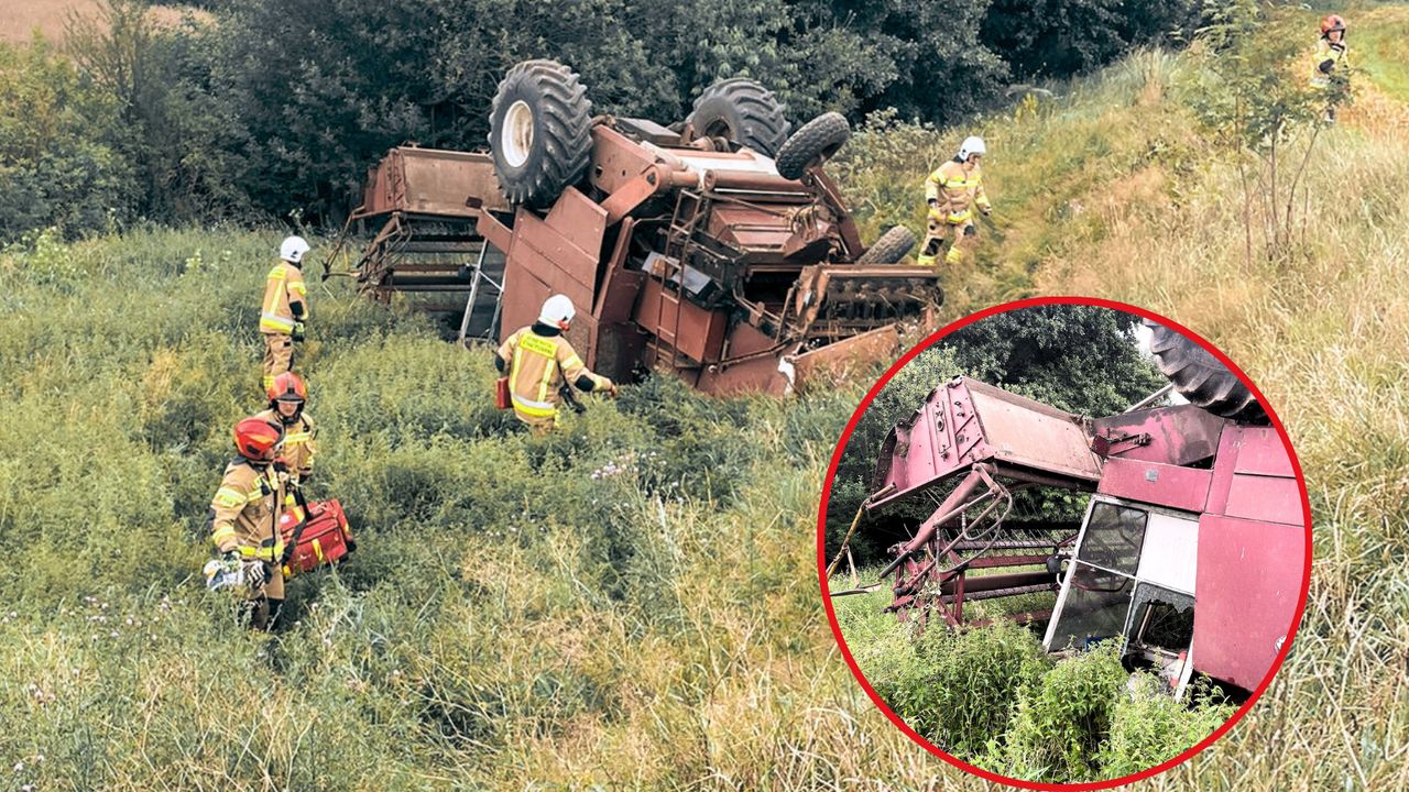 Pow. złotowski: Kombajn zjechał ze skarpy i dachował.