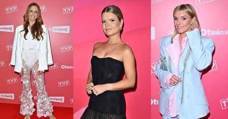 Gwiazdy na prezentacji wiosennej ramówki TVP: Katarzyna Burzyńska w prześwitujących spodniach, błękitna Anna Lewandowska, Marta Manowska w czerni
