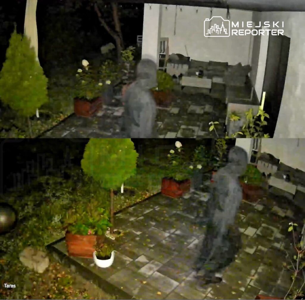 Osoba w ciemnym ubraniu porusza się po oświetlonym tarasie, otoczonym roślinami w donicach.