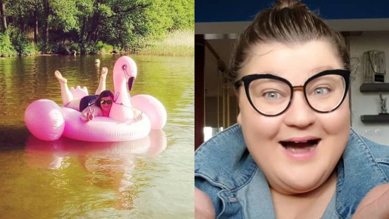 Dominika Gwit sunie przez mazurskie jezioro na różowym flamingu