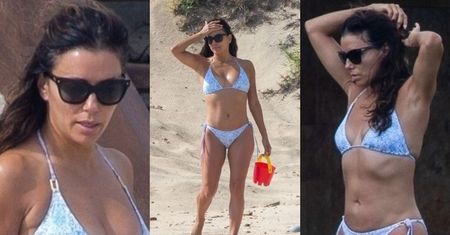 Eva Longoria zachwyca sylwetką, bawiąc się z synem na meksykańskiej plaży (ZDJĘCIA)