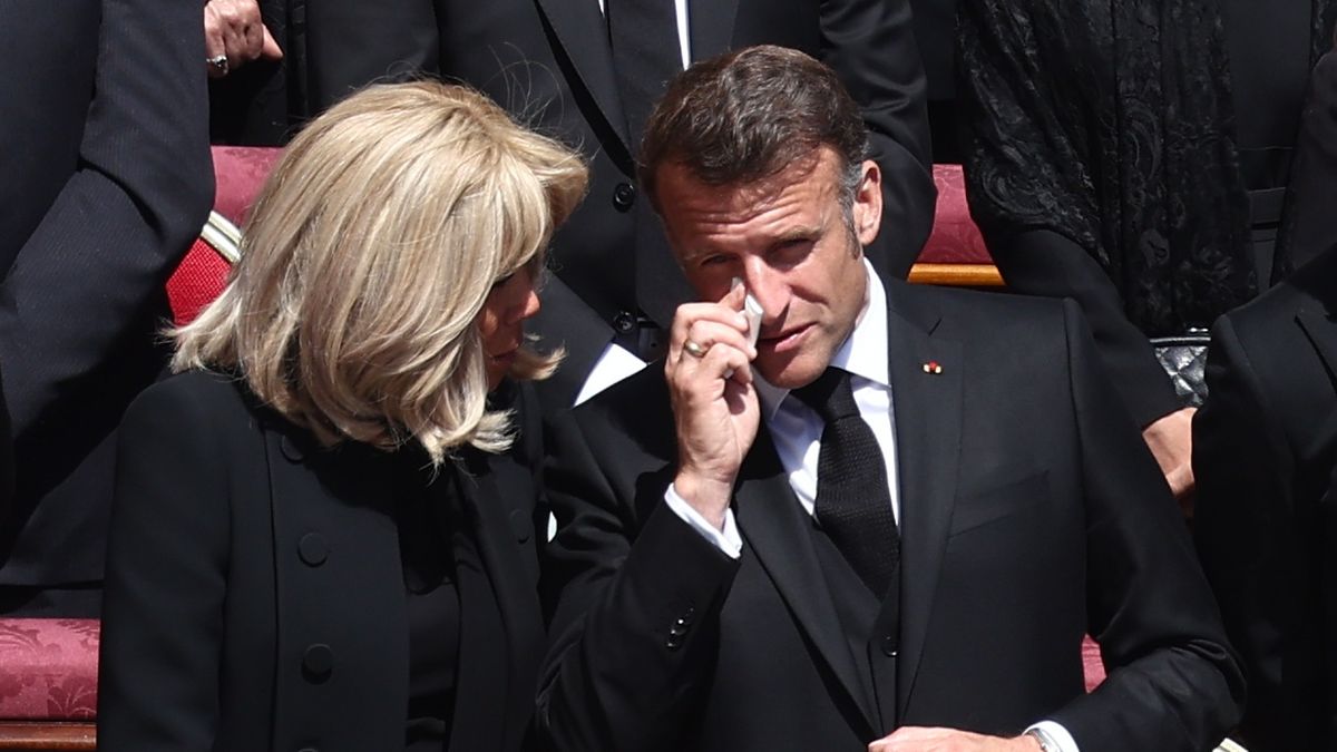 French First Lady Brigitte Macron and French President Emmanuel Macron during the funeral ceremony of Pope Francis at Saint Peter's Square in Vatican on April 26, 2025. (Photo by Jakub Porzycki/NurPhoto via Getty Images)