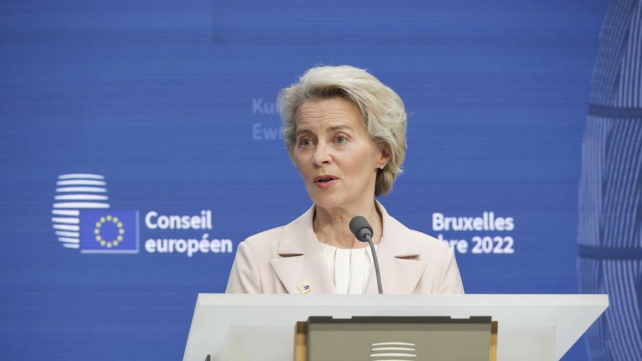 President of the European Commission Ursula von der Leyen speaking at a joint press conference with the Czech Republic Prime Minister Petr Fiala and President of the European Council Charles Michel after the European Council summit. The President of the Commission talks to the media and answer questions of journalists at a press conference. The EUCO, EU leaders summit focused to the energy crisis and assisting Ukraine as the Russia Ukraine conflict continues. European Council in Brussels in Belgium on 15 December 2022  (Photo by Nicolas Economou/NurPhoto via Getty Images)
