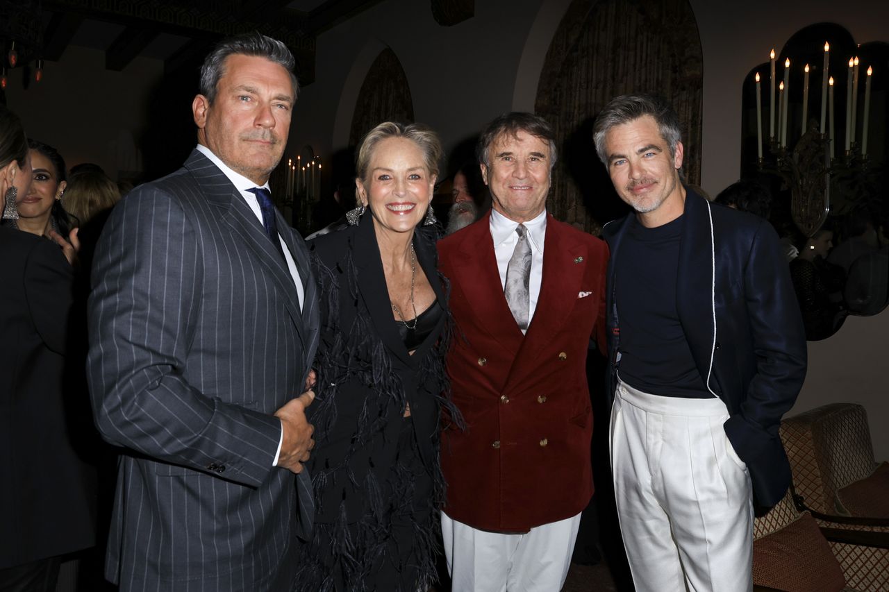 Jon Hamm, Sharon Stone, Brunello Cucinelli, Chris Pine at the Brunello Cucinelli Dinner at Chateau Marmont on December 5, 2024 in Los Angeles, California. (Photo by River Callaway/WWD via Getty Images)