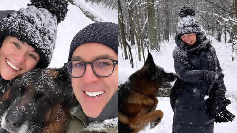 Katarzyna Cichopek i Maciej Kurzajewski szaleją w śniegu z owczarkiem Bono. Widać, że pies polubił nową panią? (ZDJĘCIA)