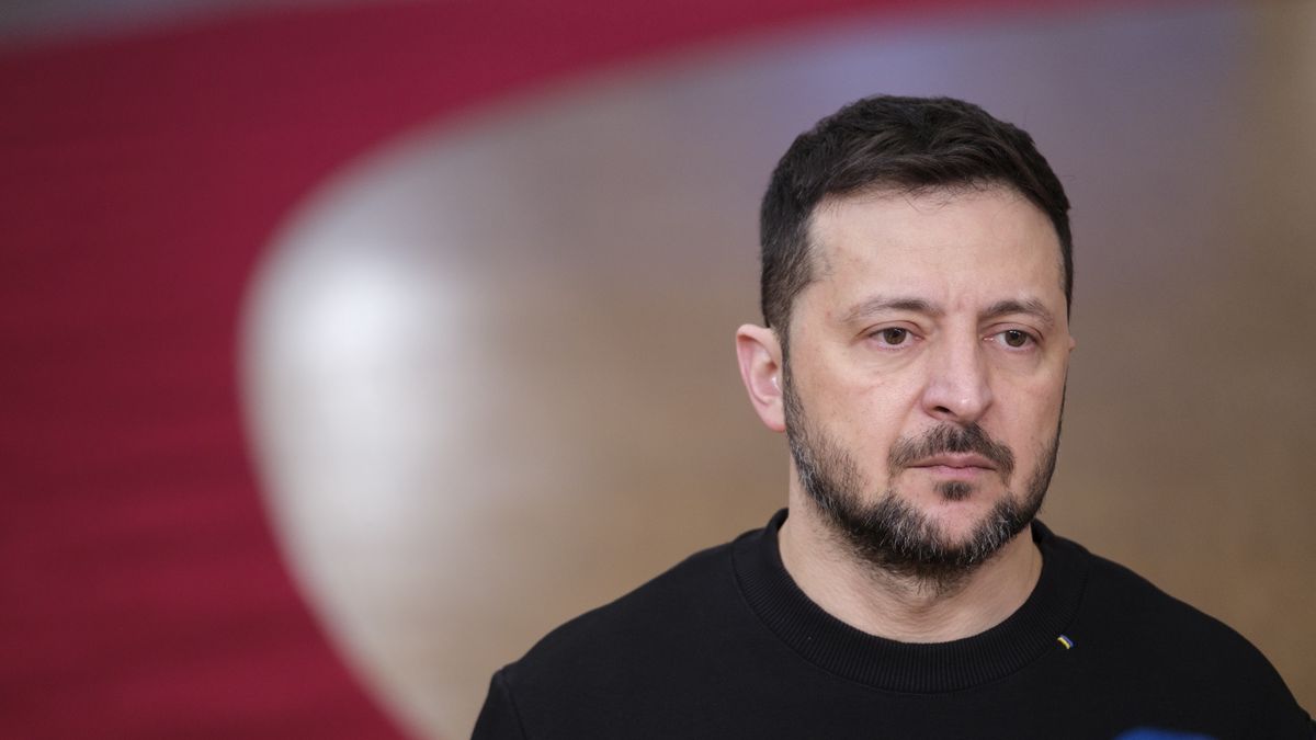 BRUSSELS, BELGIUM - DECEMBER 19:  Ukrainian President Volodymyr Zelensky talks to media before the start of an EU Summit meeting in the Europa, the EU Council headquarter on December 19, 2024 in Brussels, Belgium. EU leaders are meeting in Brussels to discuss Ukraine, the EU in the world, the Middle East, resilience and preparedness, migration and foreign policy issues. (Photo by Thierry Monasse/Getty Images)