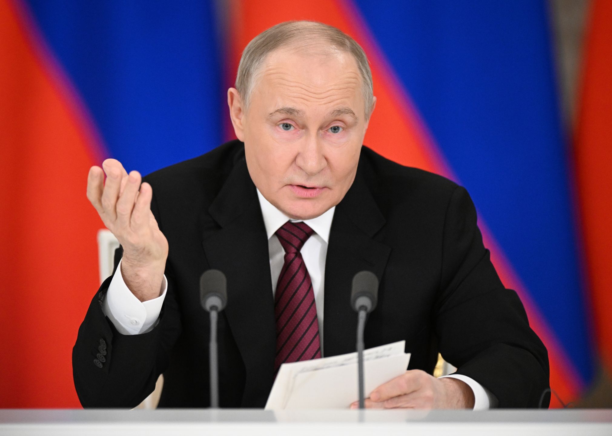 MOSCOW, RUSSIA - MAY 10: (----EDITORIAL USE ONLY - MANDATORY CREDIT - 'SERGEY BOBYLEV / HOST PHOTO AGENCY RIA NOVOSTI / HANDOUT' - NO MARKETING NO ADVERTISING CAMPAIGNS - DISTRIBUTED AS A SERVICE TO CLIENTS----) President of Russia Vladimir Putin makes a speech during a press conference in Moscow, Russia on May 10, 2025. (Photo by Sergey Bobylev / RIA Novosti/Anadolu via Getty Images)