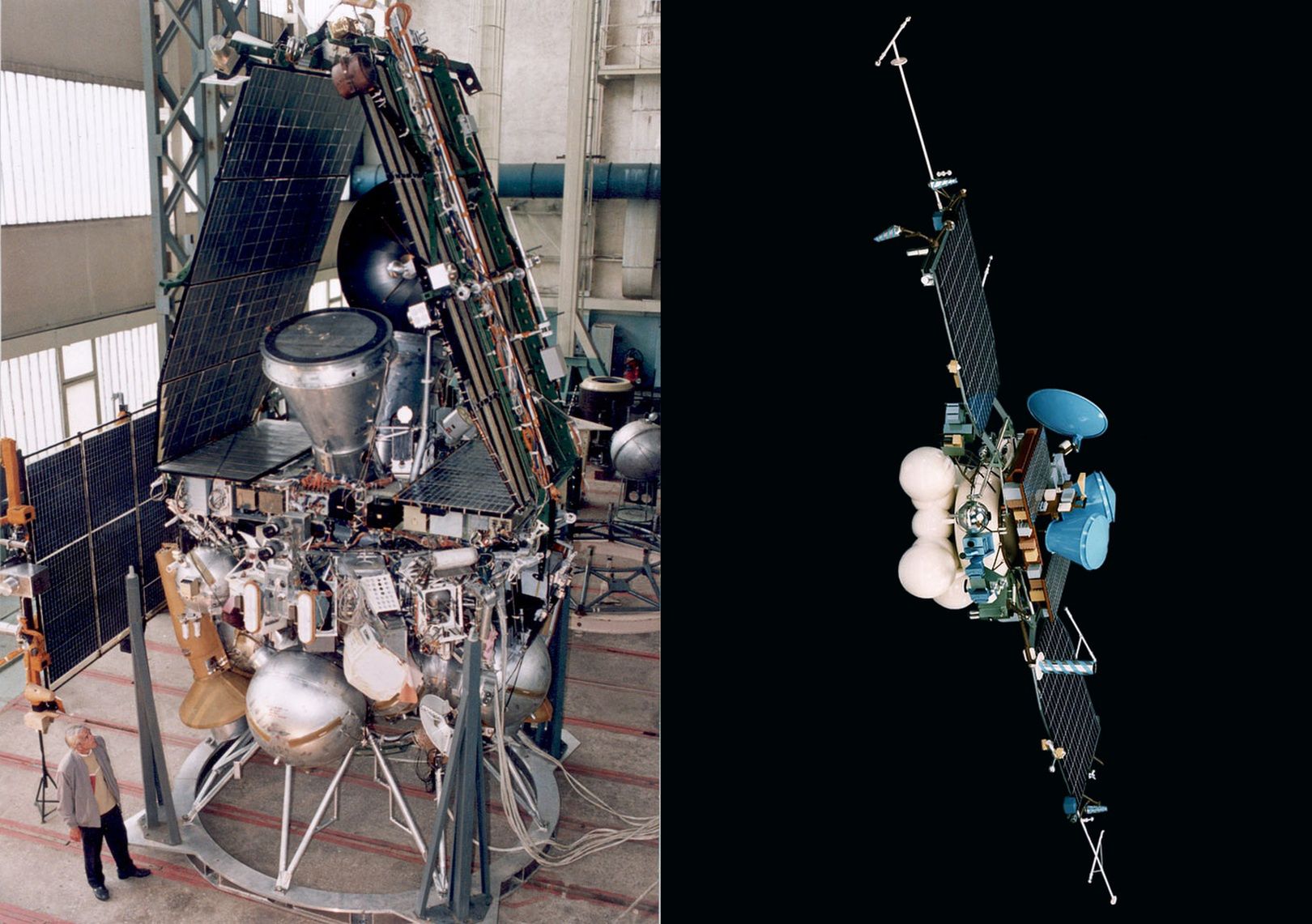 Mars 96 podczas budowy i model całej sondy.