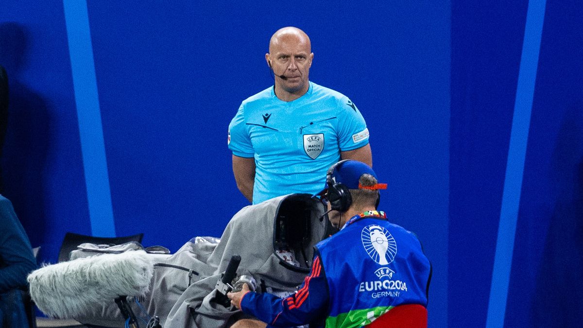 Referee Szymon Marciniak is looking  during the UEFA Euro 2024  Quarter-Final  match between Portugal v France, at the stadium in Hamburg, Germany, on July 5, 2024. (Photo by Andrzej Iwanczuk/NurPhoto via Getty Images)