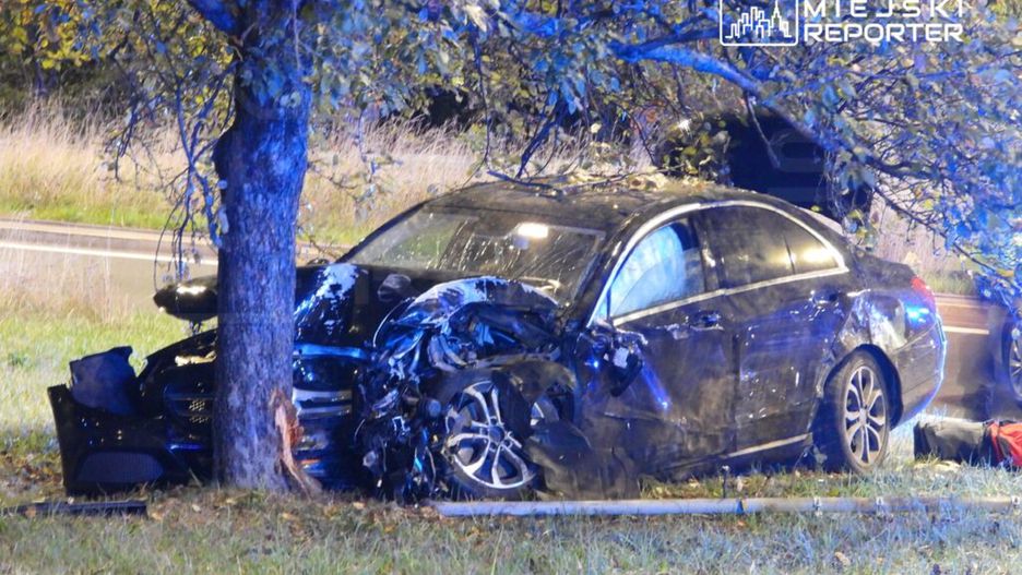 Czarny samochód osobowy z poważnymi uszkodzeniami stoi przy drzewie, obok drogi, w nocy.