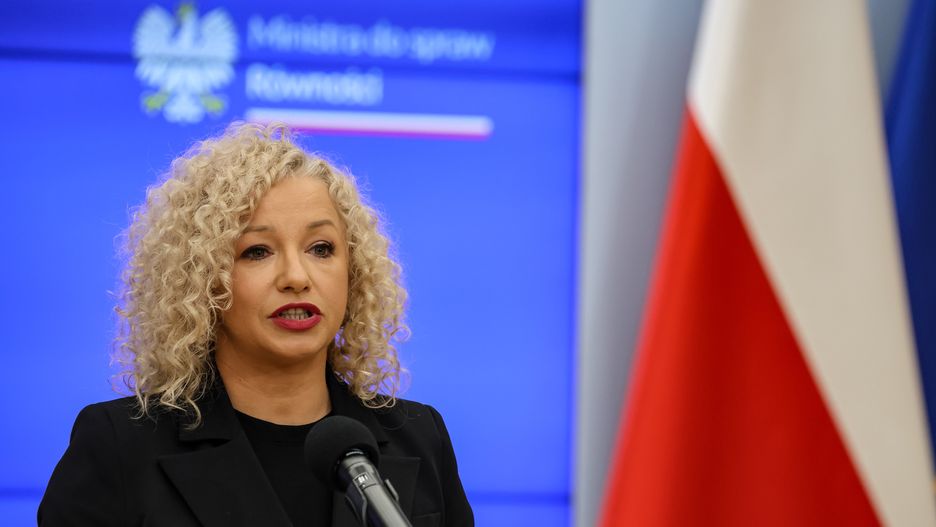 Minister of Equality, Katarzyna Kotula speaks during a press conference dedicated to LGBTQ+ groups equality in Polish schools in the Chancellery of the Prime Minister of Poland in Warsaw, the capital on February 5, 2024. Current government took over power in Poland on December 13 2023 from the Law and Justice far-right political party, which has ruled for 8 years. Law and Justice marginalized LGBRQ+ peoples. The Minister says it is important to take LGBTQ+ young people under more systematic care because, as research shows, the group has more tendency to be discriminated that leads to depressions and suicides. (Photo by Dominika Zarzycka/NurPhoto via Getty Images)