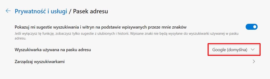 Domyślną wyszukiwarkę można zmienić w ustawieniach paska adresu.