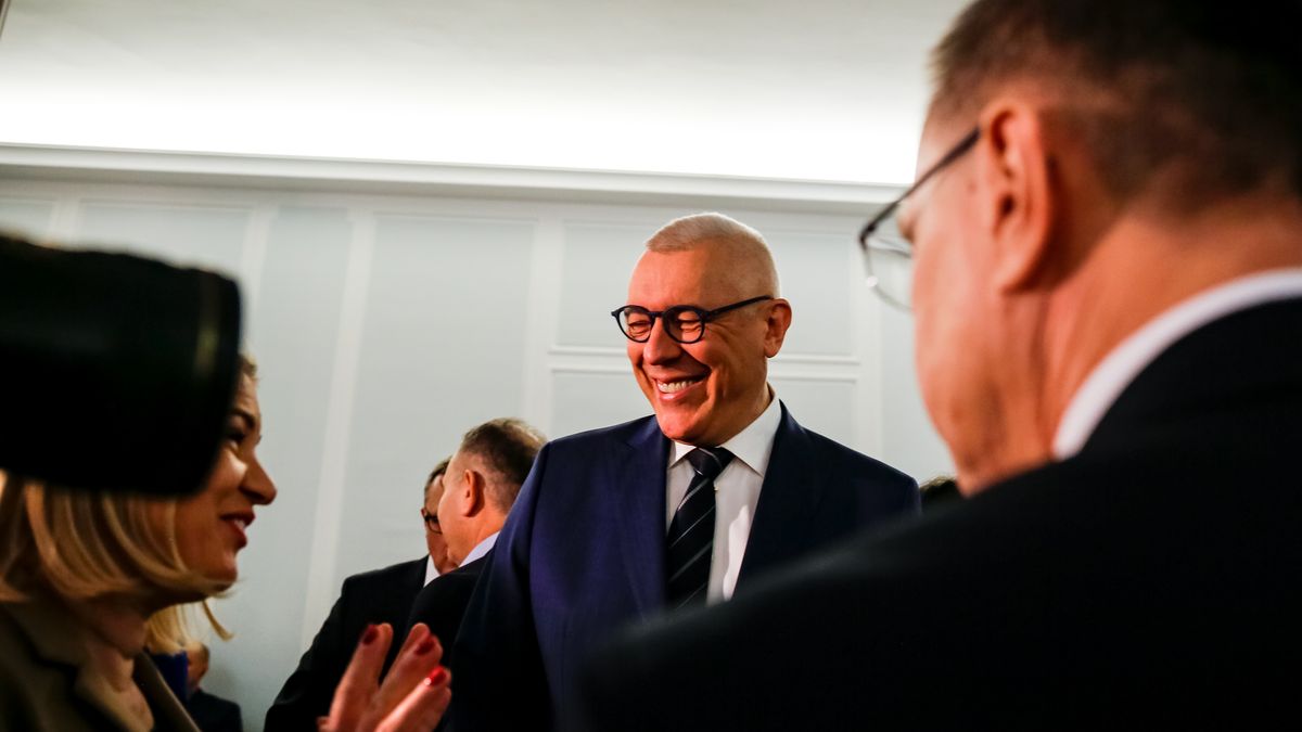 WARSAW, MAZOWIECKIE, POLAND - 2024/01/25: MP Roman Giertych attends the 4th session of Polish Parliament that takes place amid chaos created by legal disagreement with the previous government. The current government took over power in Poland on December 13 2023. Taking over from the Law and Justice political party, which has been ruling for 8 years. Both sides now accuse each other of unconstitutional acts. (Photo by Dominika Zarzycka/SOPA Images/LightRocket via Getty Images)